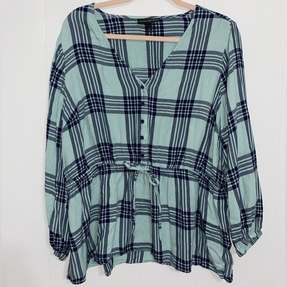 Lane Bryant Tops - Lane BRYANT Blue Green Plaid Button Blouse Peplum Women’s Plus 18 Long Sleeve